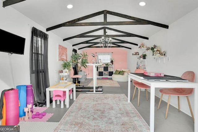 dining area featuring concrete flooring, a chandelier, and lofted ceiling with beams