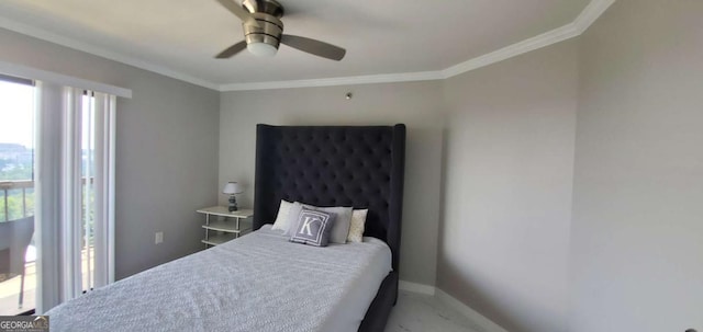 bedroom with ceiling fan and ornamental molding