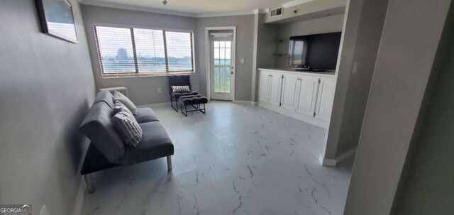 living area featuring ornamental molding