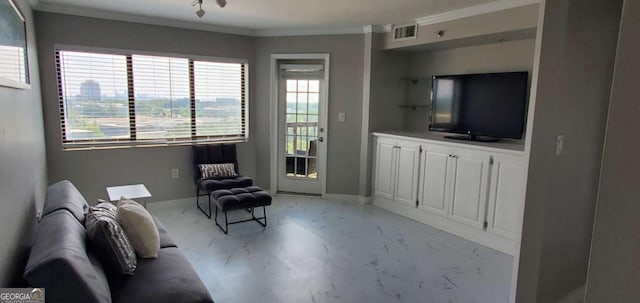 sitting room with ornamental molding