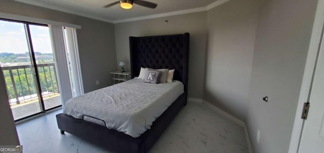 bedroom featuring access to outside, ceiling fan, and crown molding