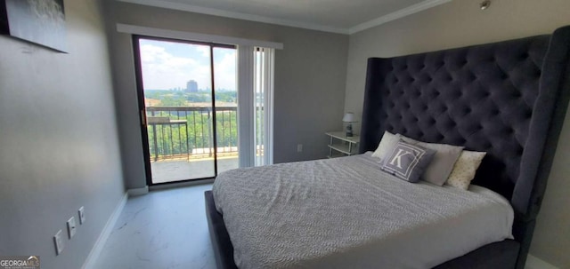 bedroom featuring access to outside and crown molding