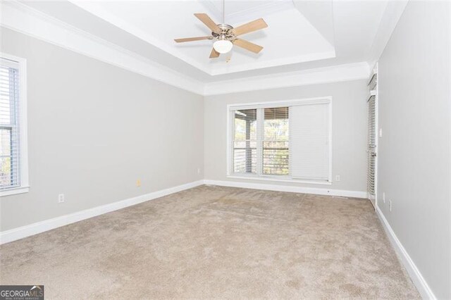 carpeted spare room featuring a raised ceiling and ceiling fan