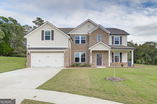 craftsman house featuring brick siding, concrete driveway, and a front lawn