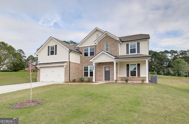 view of front facade with brick siding, board and batten siding, a front lawn, concrete driveway, and an attached garage