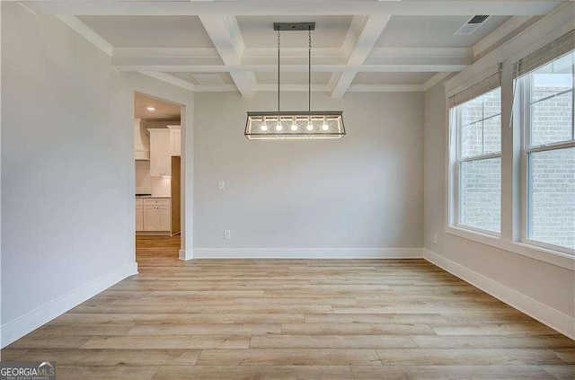 unfurnished room featuring beamed ceiling, light hardwood / wood-style flooring, coffered ceiling, and crown molding