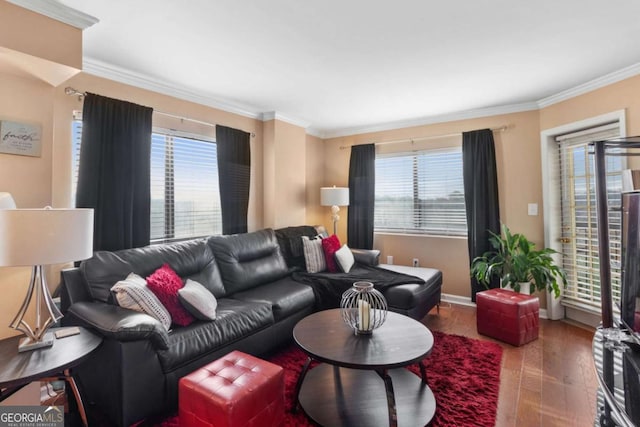 living room with hardwood / wood-style floors, a water view, and ornamental molding