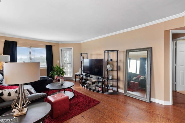 living room with wood-type flooring and ornamental molding