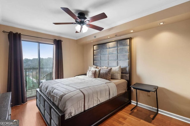 bedroom with ceiling fan, light hardwood / wood-style floors, crown molding, and access to outside