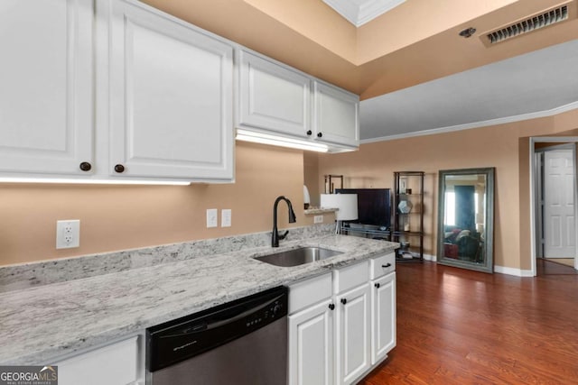 kitchen featuring white cabinetry, stainless steel dishwasher, crown molding, and sink