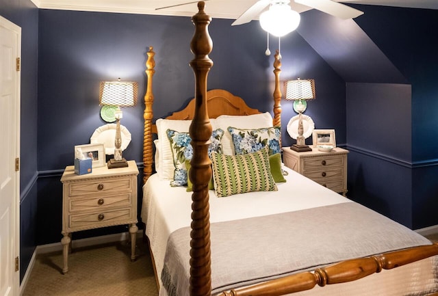 bedroom featuring ceiling fan, carpet, and lofted ceiling