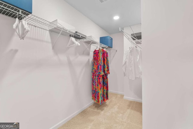 spacious closet featuring light colored carpet