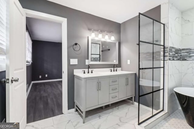 bathroom with separate shower and tub and vanity