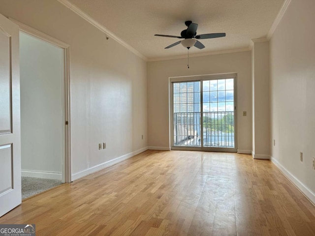 unfurnished room with ceiling fan, crown molding, a textured ceiling, and light wood-type flooring