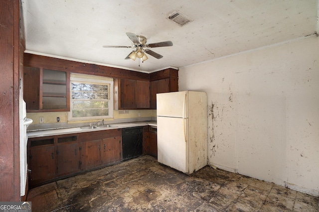 kitchen with ceiling fan, sink, black dishwasher, white fridge, and dark brown cabinets