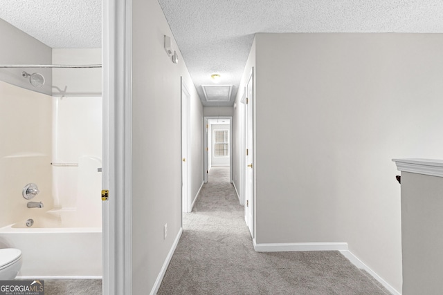 hall with carpet flooring and a textured ceiling