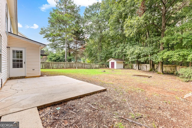 view of yard featuring a patio and a storage shed