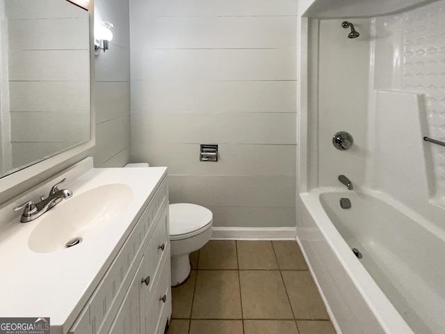 full bathroom featuring shower / tub combination, tile patterned flooring, vanity, and toilet