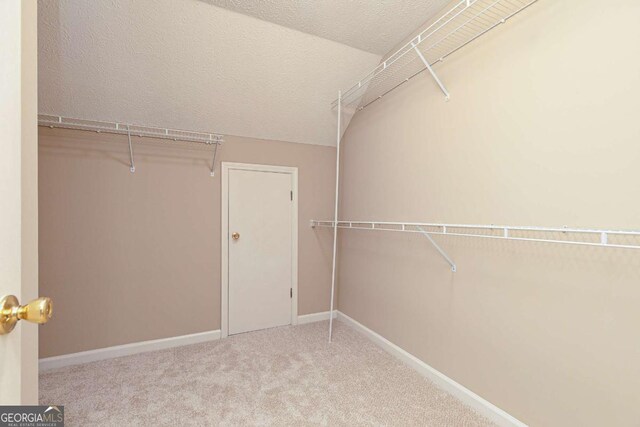 walk in closet with carpet flooring and lofted ceiling