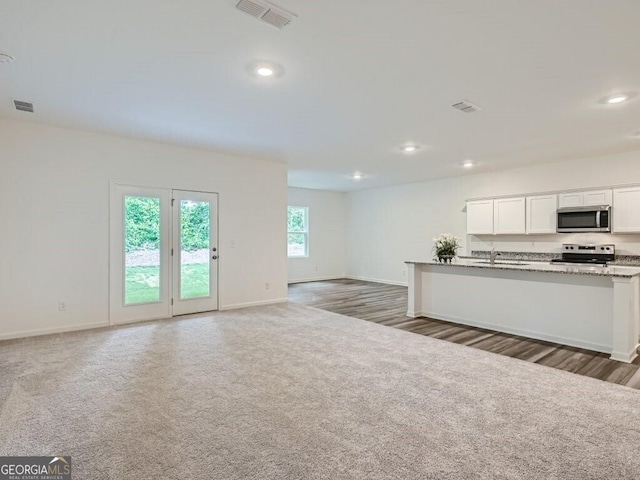 unfurnished living room with dark colored carpet and sink