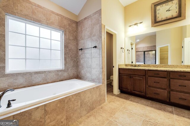 full bathroom featuring toilet, vanity, vaulted ceiling, and plenty of natural light