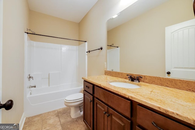 full bathroom featuring shower / bathing tub combination, vanity, toilet, and tile patterned floors