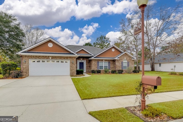 ranch-style home with a front yard and a garage