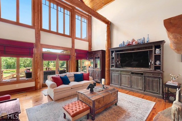 living room with light wood-type flooring and a high ceiling