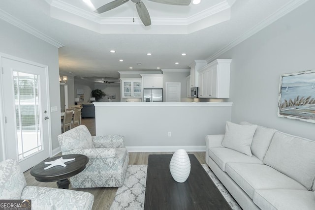 living room with dark hardwood / wood-style flooring, a tray ceiling, and plenty of natural light