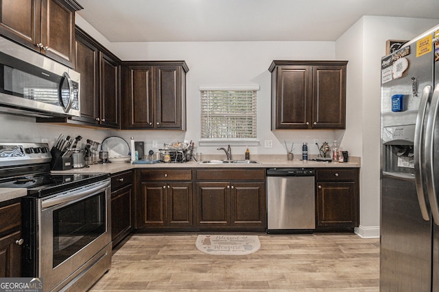 kitchen with dark brown cabinets, light hardwood / wood-style floors, sink, and stainless steel appliances