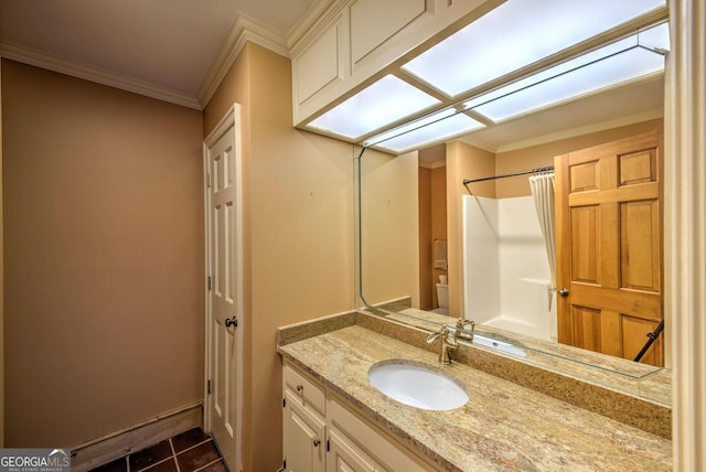 bathroom with tile patterned floors, vanity, ornamental molding, and a shower with shower curtain