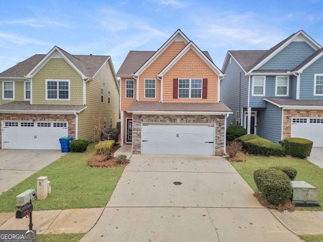 craftsman-style house with a garage and a front lawn