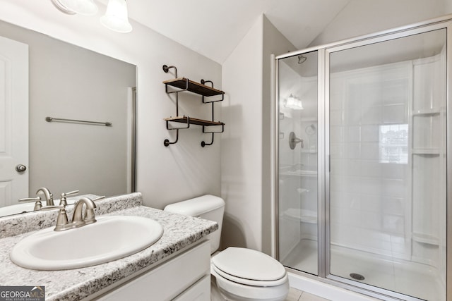 bathroom featuring toilet, vanity, vaulted ceiling, and a shower with shower door