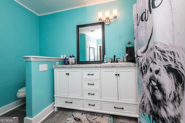 bathroom with double vanity, baseboards, toilet, wood finished floors, and a sink