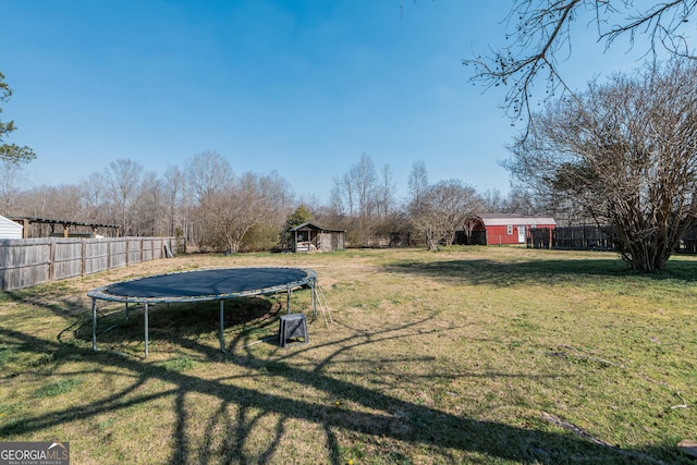 view of yard featuring a trampoline, a storage unit, and an outbuilding