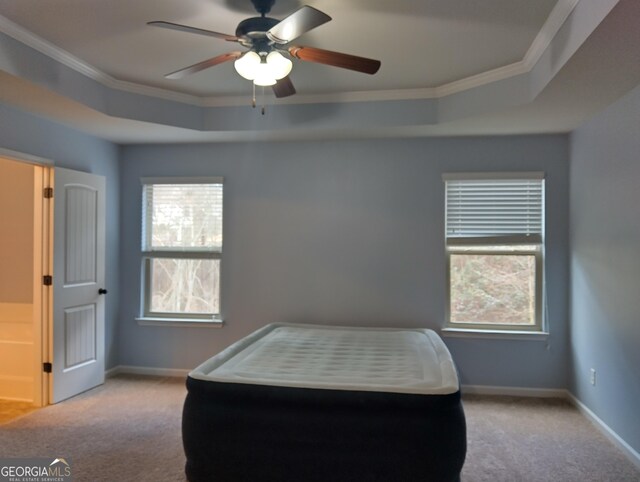 carpeted bedroom featuring a tray ceiling, ceiling fan, and ornamental molding