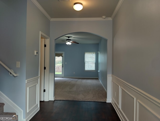 hallway with crown molding and dark hardwood / wood-style floors