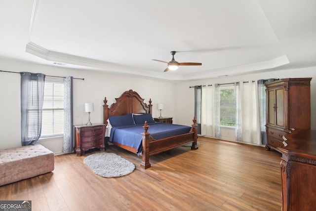 bedroom with a raised ceiling, ceiling fan, and hardwood / wood-style floors