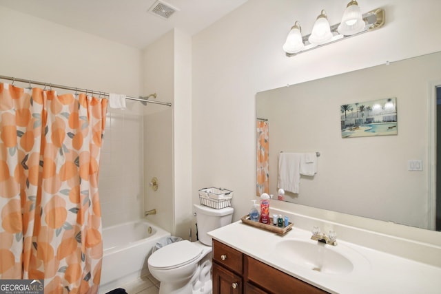 full bathroom with toilet, vanity, shower / tub combo with curtain, and tile patterned flooring