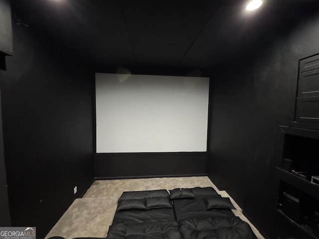 home theater featuring light carpet