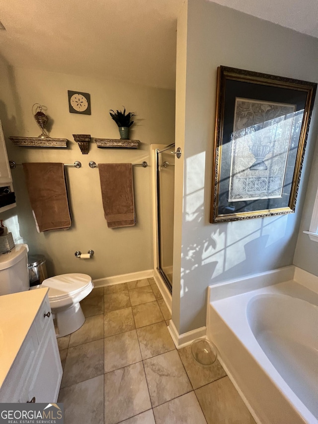 full bathroom with toilet, vanity, separate shower and tub, and tile patterned flooring