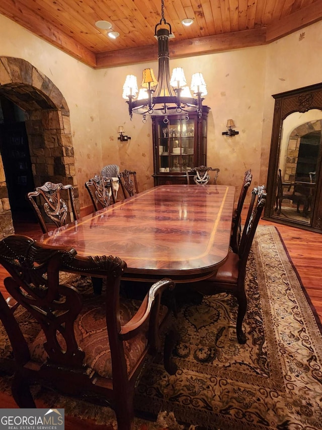 dining area featuring a chandelier, hardwood / wood-style floors, and wood ceiling