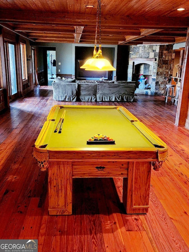 rec room with beamed ceiling, wood-type flooring, wood ceiling, and pool table