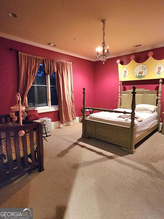 bedroom featuring carpet, ornamental molding, and an inviting chandelier