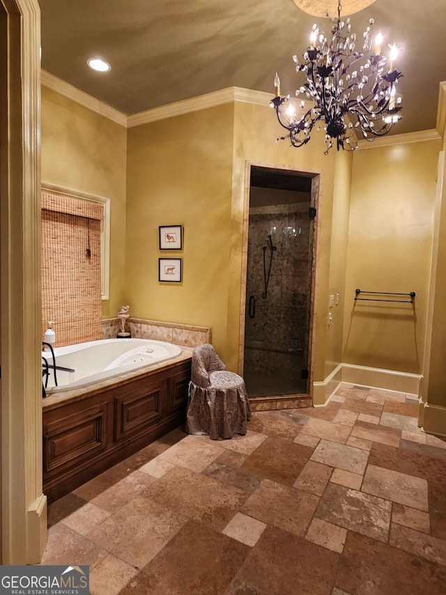 bathroom featuring a notable chandelier, shower with separate bathtub, and crown molding