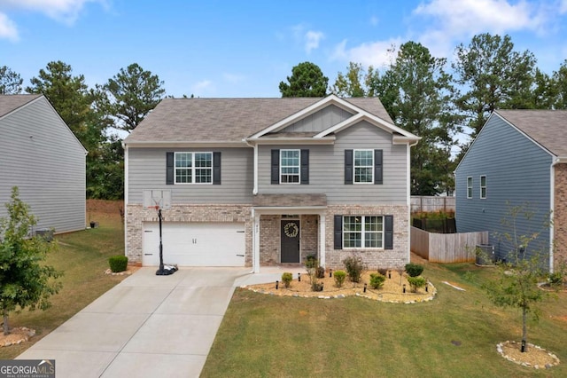 craftsman inspired home with central AC, a front lawn, and a garage