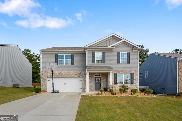 craftsman-style home with central AC, a front lawn, and a garage