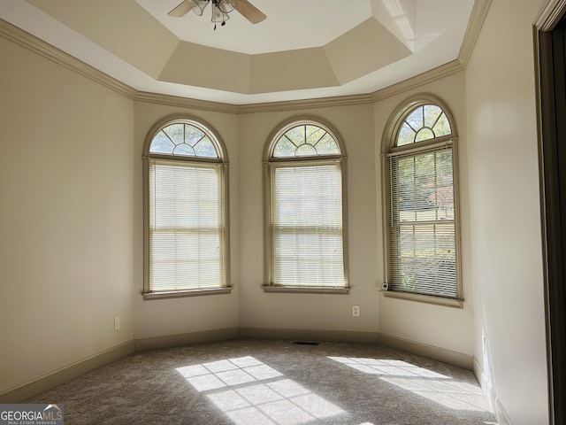 unfurnished room with a raised ceiling, light carpet, ceiling fan, and a healthy amount of sunlight