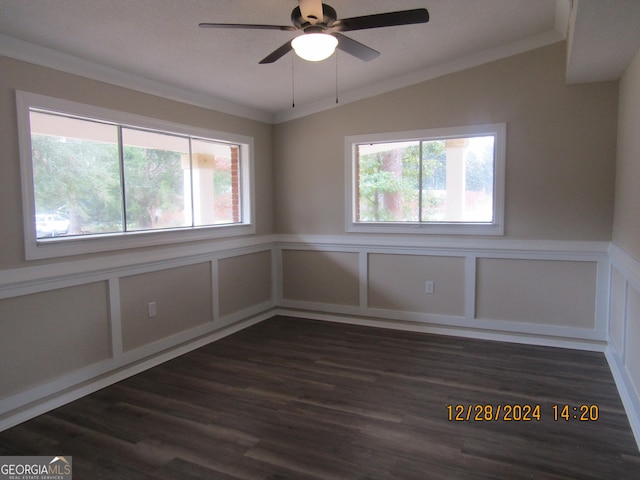 spare room featuring plenty of natural light, crown molding, and dark wood-type flooring