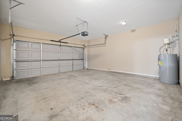 garage with water heater and a garage door opener